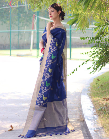 Blue Linen Silk Saree With Weaving Work