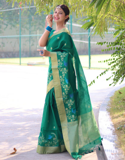 Green Linen Silk Saree With Weaving Work