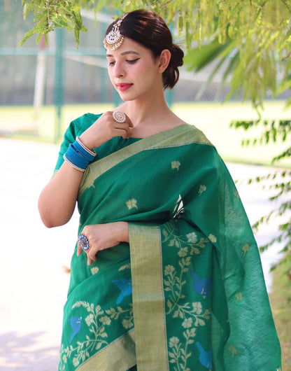 Green Linen Silk Saree With Weaving Work