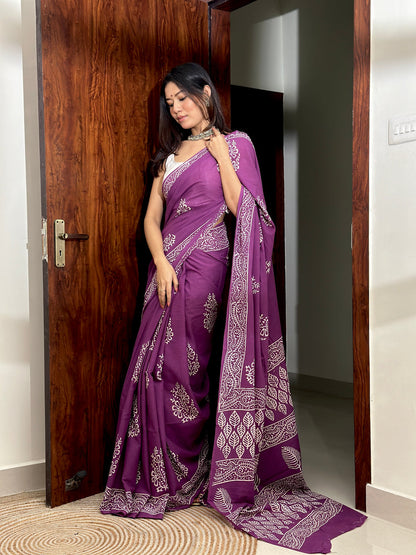 Purple Mul Cotton Ready To Wear Saree With Pocket