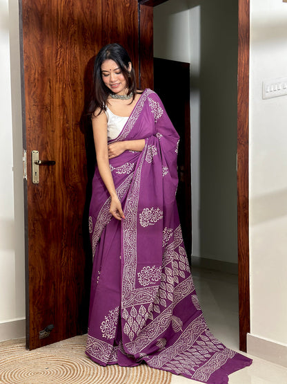 Purple Mul Cotton Ready To Wear Saree With Pocket