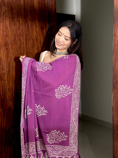 Purple Mul Cotton Ready To Wear Saree With Pocket
