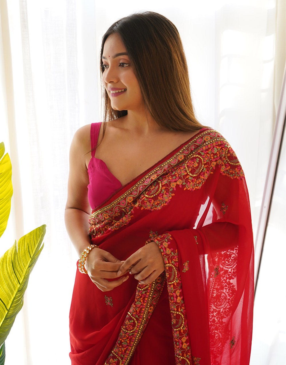 Raspberry Red Georgette Saree With Thread Embroidery & Stone Work