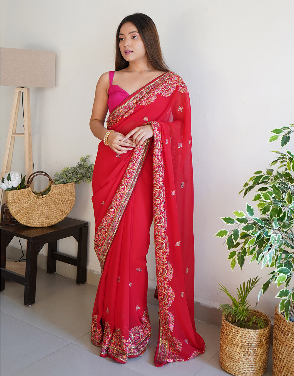 Raspberry Red Georgette Saree With Thread Embroidery & Stone Work