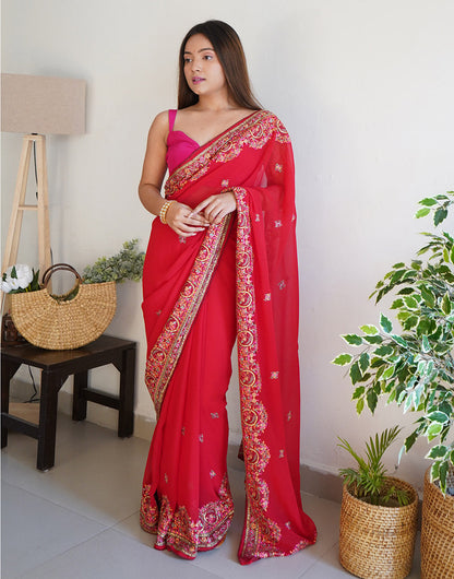 Raspberry Red Georgette Saree With Thread Embroidery & Stone Work