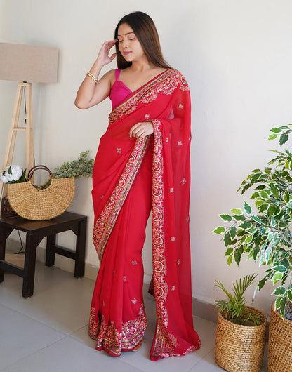 Raspberry Red Georgette Saree With Thread Embroidery & Stone Work