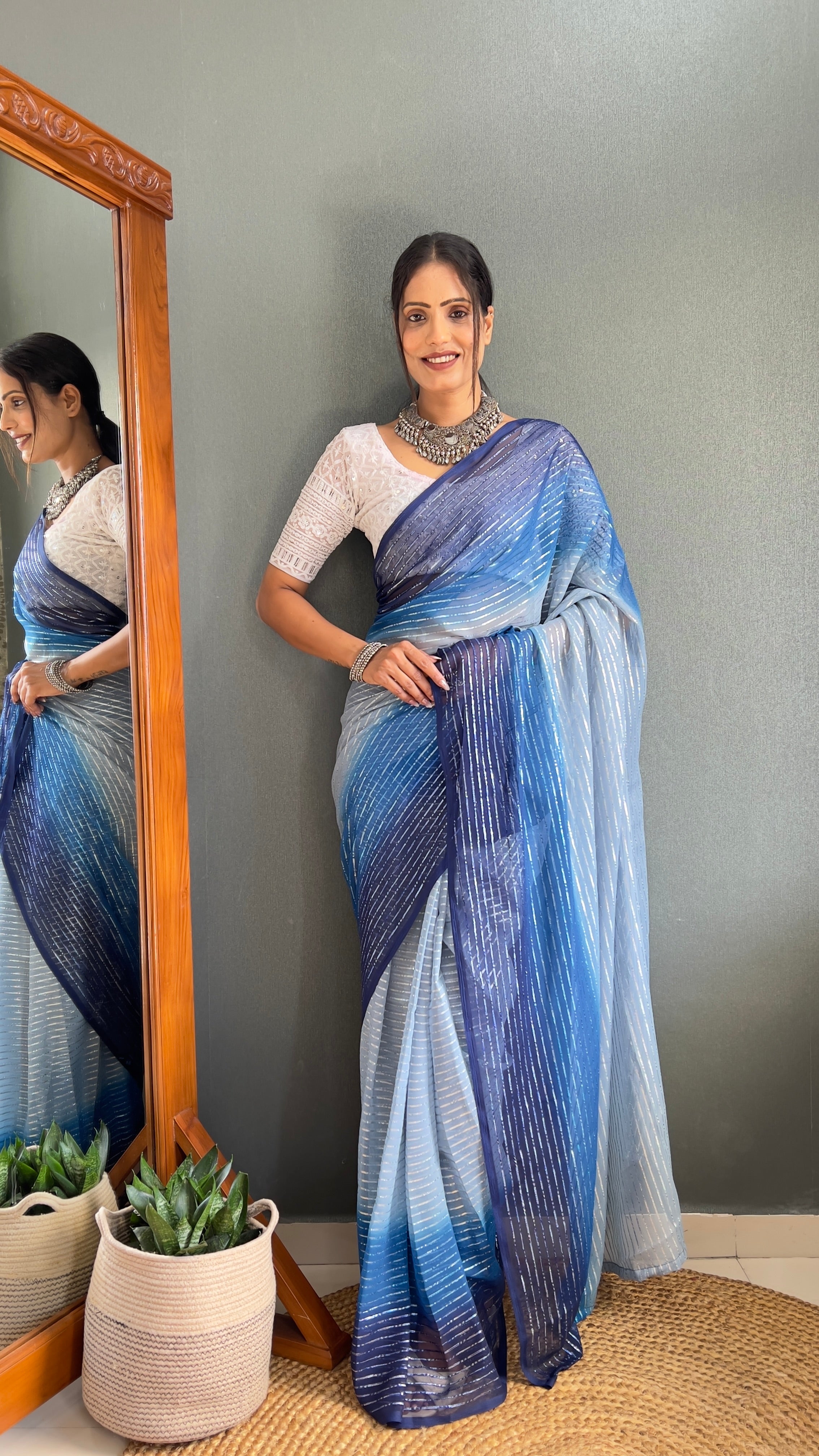Chiffon Saree With Zari Work Patta Ready To Wear Saree