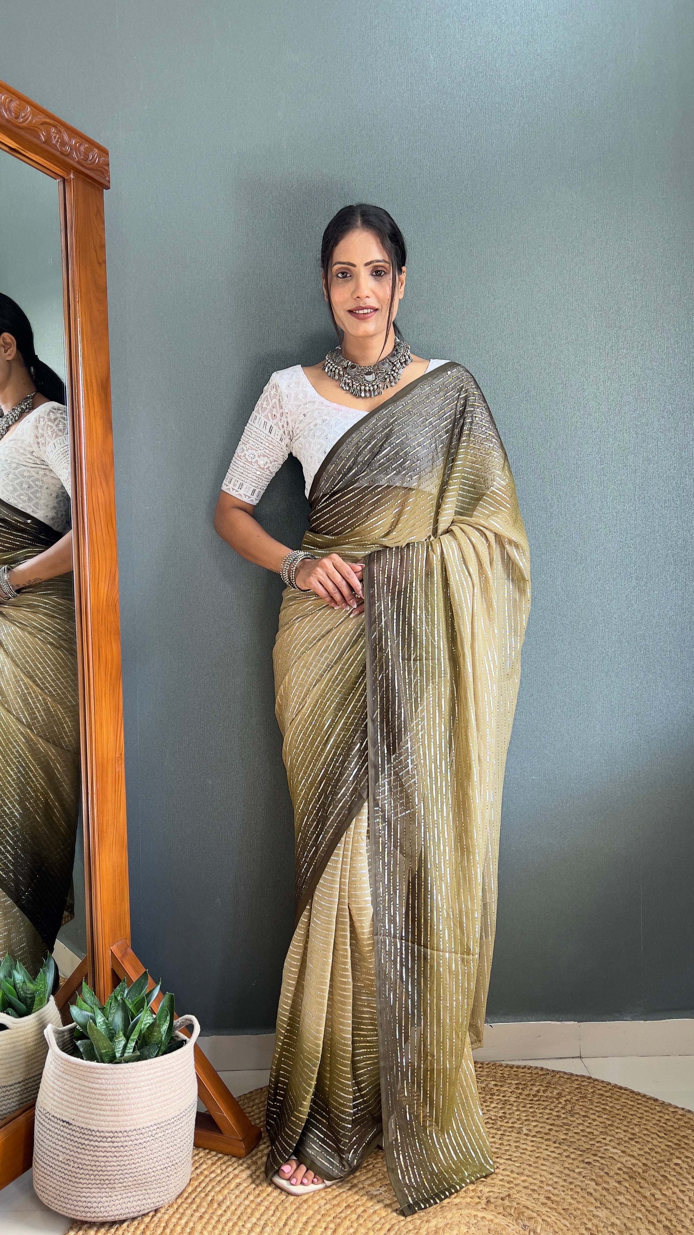 Chiffon Saree With Zari Work Patta Ready To Wear Saree