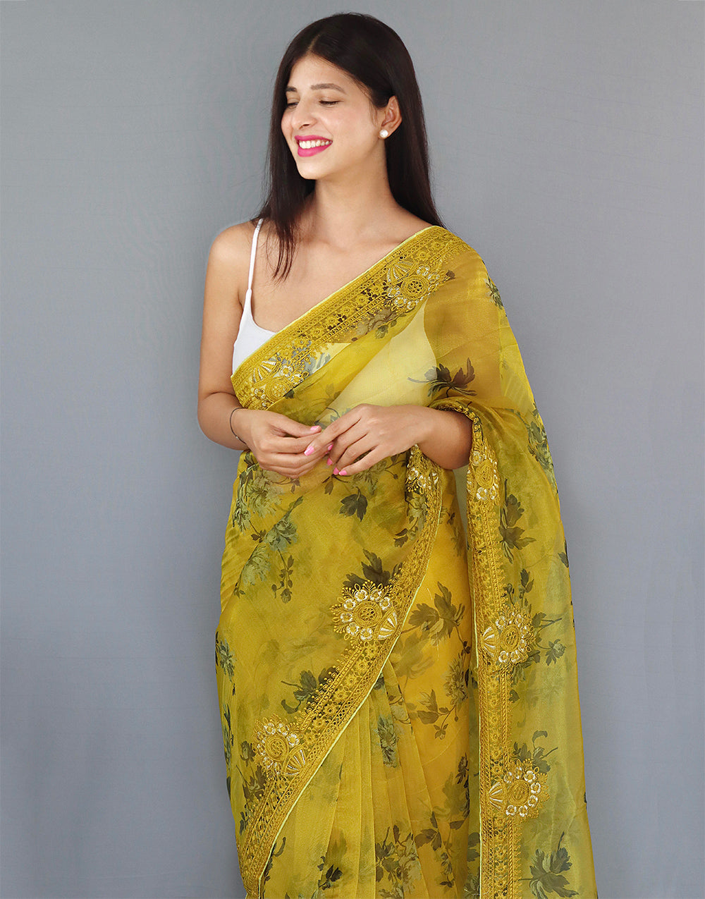 Goldenrod Yellow Organza Saree With Printed & Embroidery Work Border