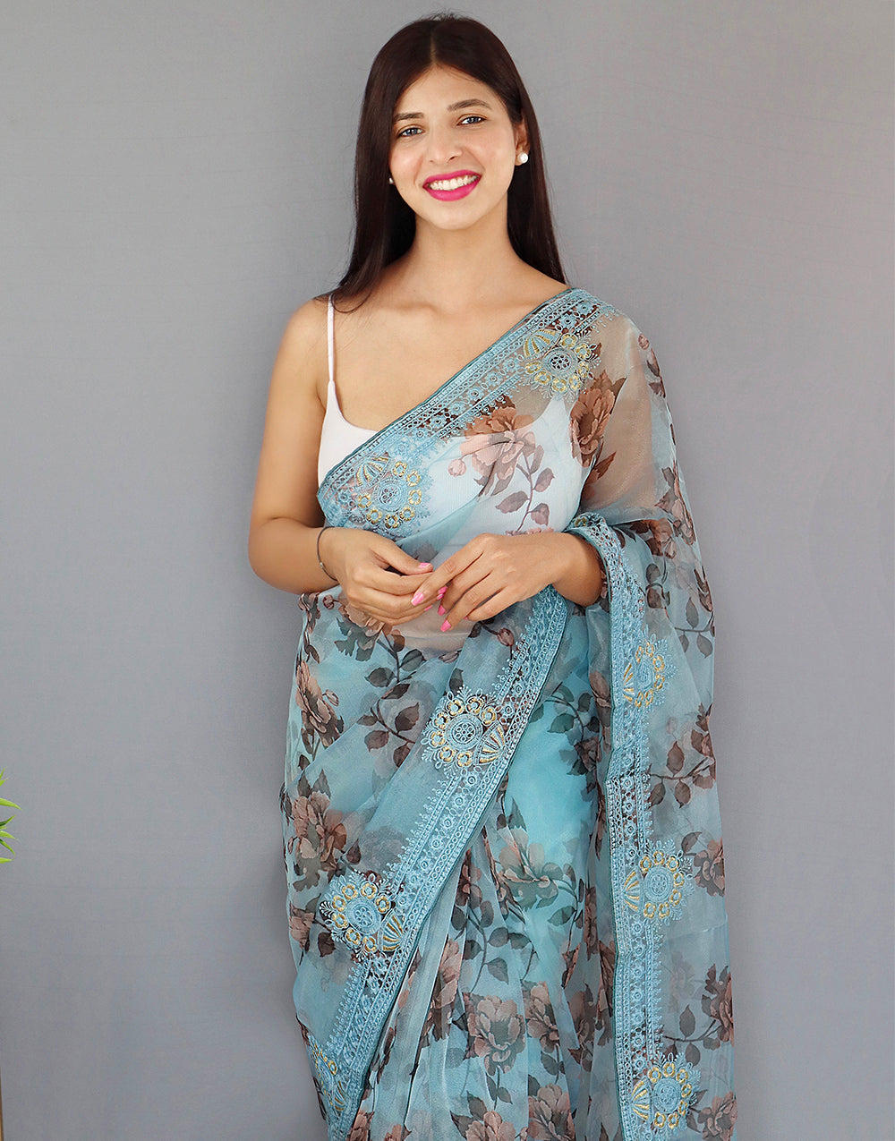 Sky Blue Organza Saree With Printed & Embroidery Work Border