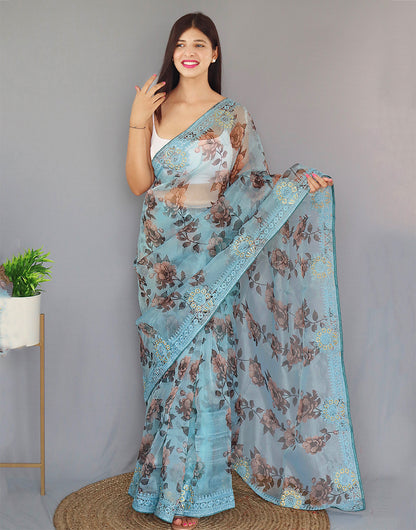 Sky Blue Organza Saree With Printed & Embroidery Work Border