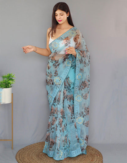 Sky Blue Organza Saree With Printed & Embroidery Work Border