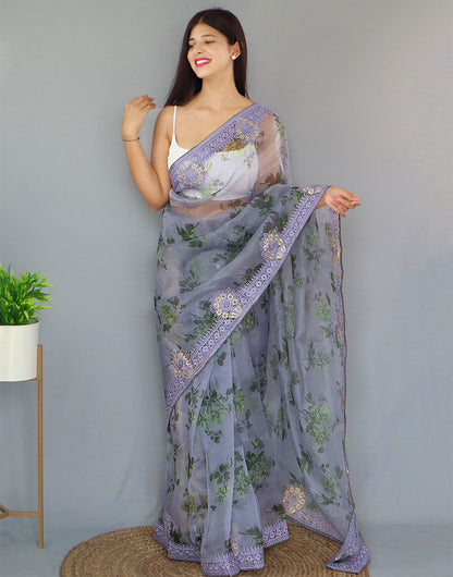 Light Blue Gray Organza Saree With Printed & Embroidery Work Border