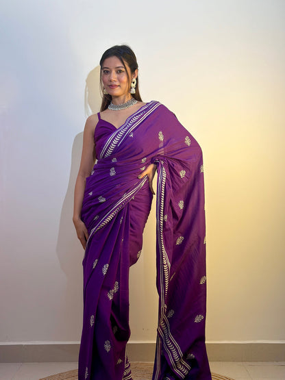 Purple Colour Mul Cotton Ready To Wear Saree With Pocket