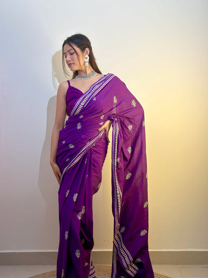 Purple Colour Mul Cotton Ready To Wear Saree With Pocket