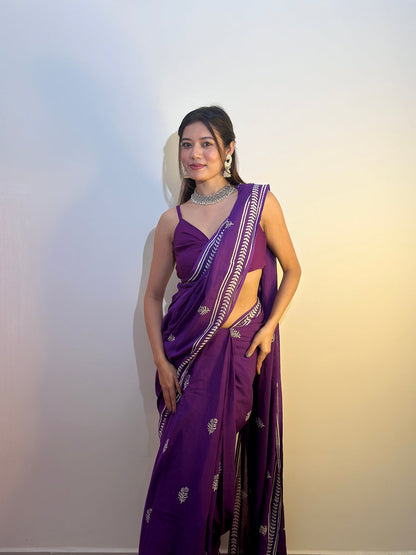 Purple Colour Mul Cotton Ready To Wear Saree With Pocket