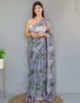Light Blue Gray Organza Saree With Printed & Embroidery Work Border