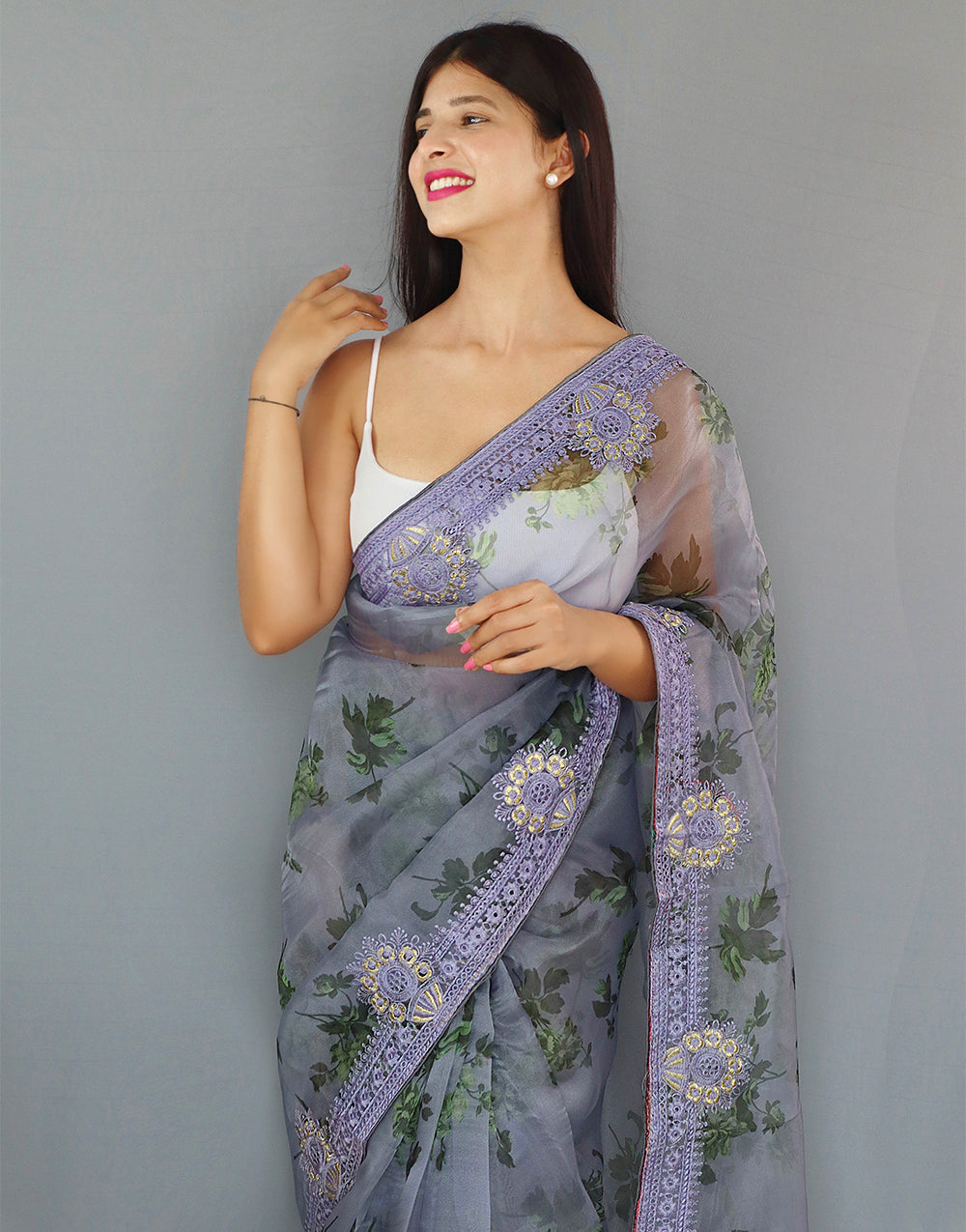 Light Blue Gray Organza Saree With Printed & Embroidery Work Border