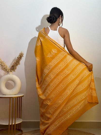 Muatard Mul Cotton Ready To Wear Saree With Pocket