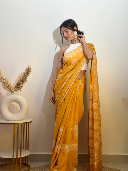 Muatard Mul Cotton Ready To Wear Saree With Pocket