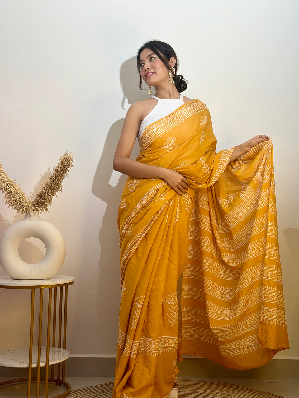Muatard Mul Cotton Ready To Wear Saree With Pocket