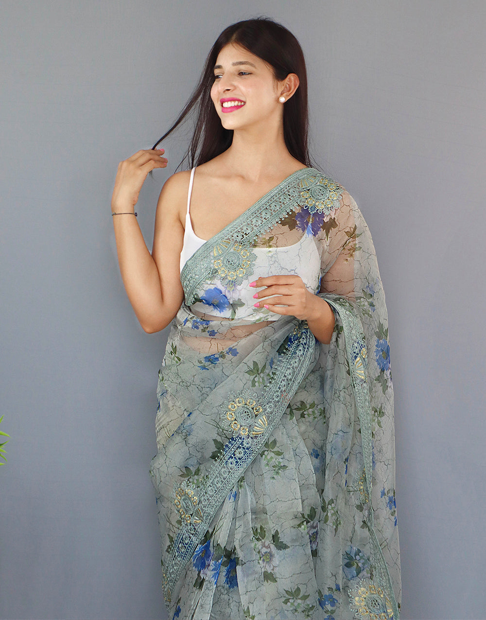 Sea Salt Green Organza Saree With Printed & Embroidery Work Border