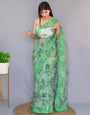 Green Organza Saree With Printed & Embroidery Work Border
