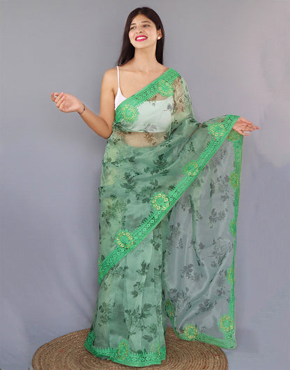 Green Organza Saree With Printed & Embroidery Work Border