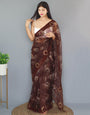Chocolate Brown Organza Saree With Printed & Embroidery Work Border