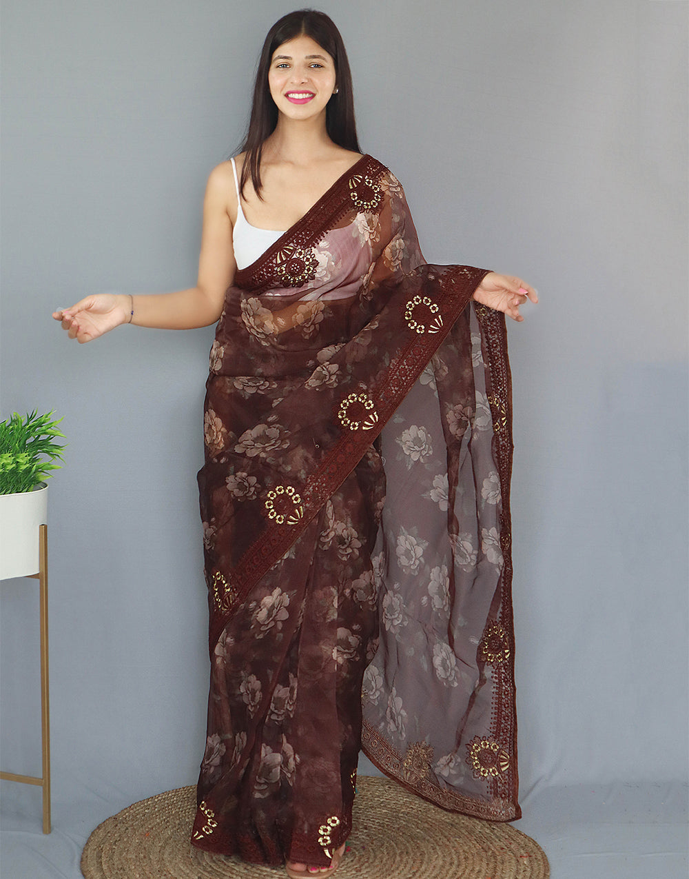 Chocolate Brown Organza Saree With Printed & Embroidery Work Border