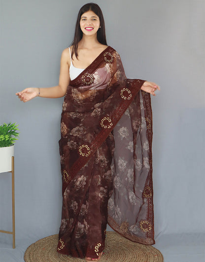 Chocolate Brown Organza Saree With Printed & Embroidery Work Border