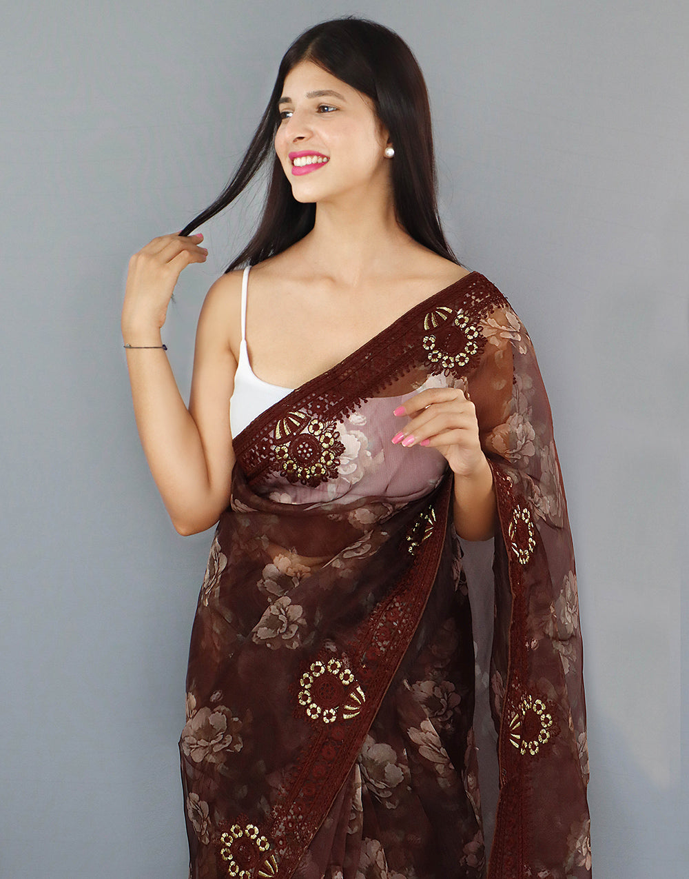 Chocolate Brown Organza Saree With Printed & Embroidery Work Border