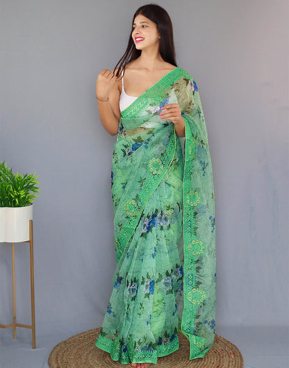 Seafoam Green Organza Saree With Printed & Embroidery Work Border