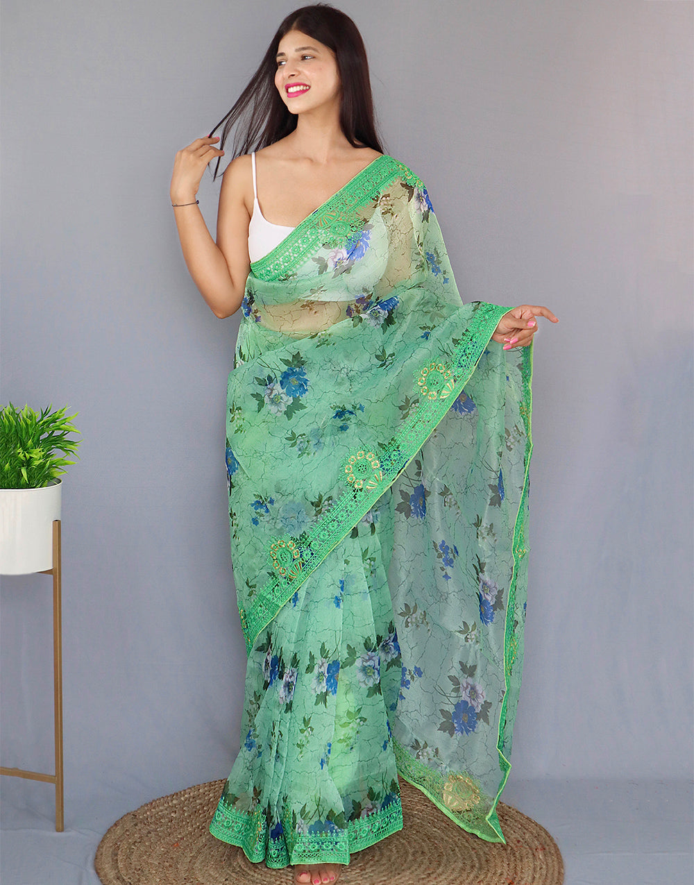 Seafoam Green Organza Saree With Printed & Embroidery Work Border