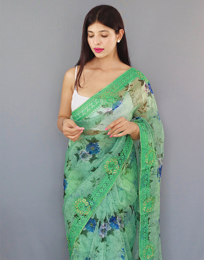 Seafoam Green Organza Saree With Printed & Embroidery Work Border