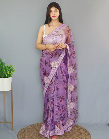 Mauve Purple Organza Saree With Printed & Embroidery Work Border