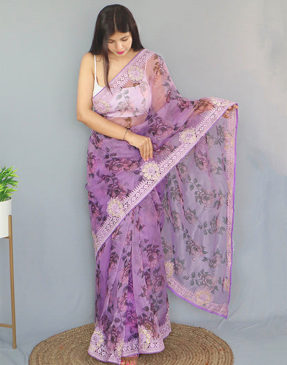 Mauve Purple Organza Saree With Printed & Embroidery Work Border