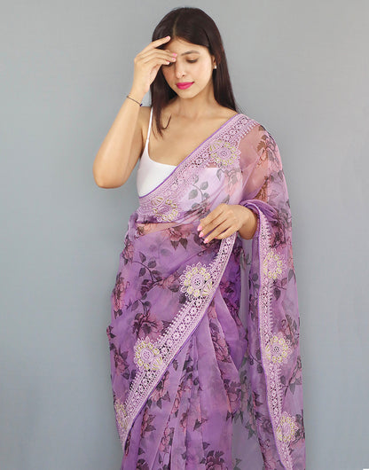 Mauve Purple Organza Saree With Printed & Embroidery Work Border