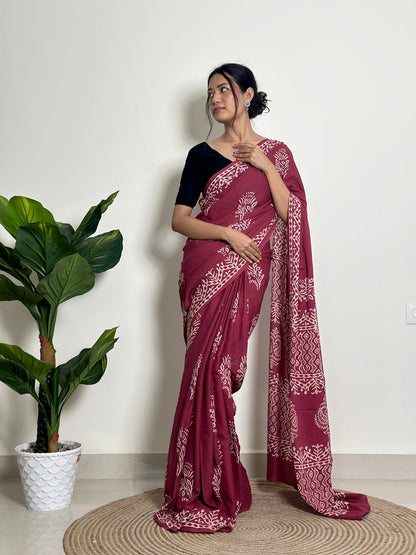 Dark Pink Mul Cotton Ready To Wear Saree With Pocket