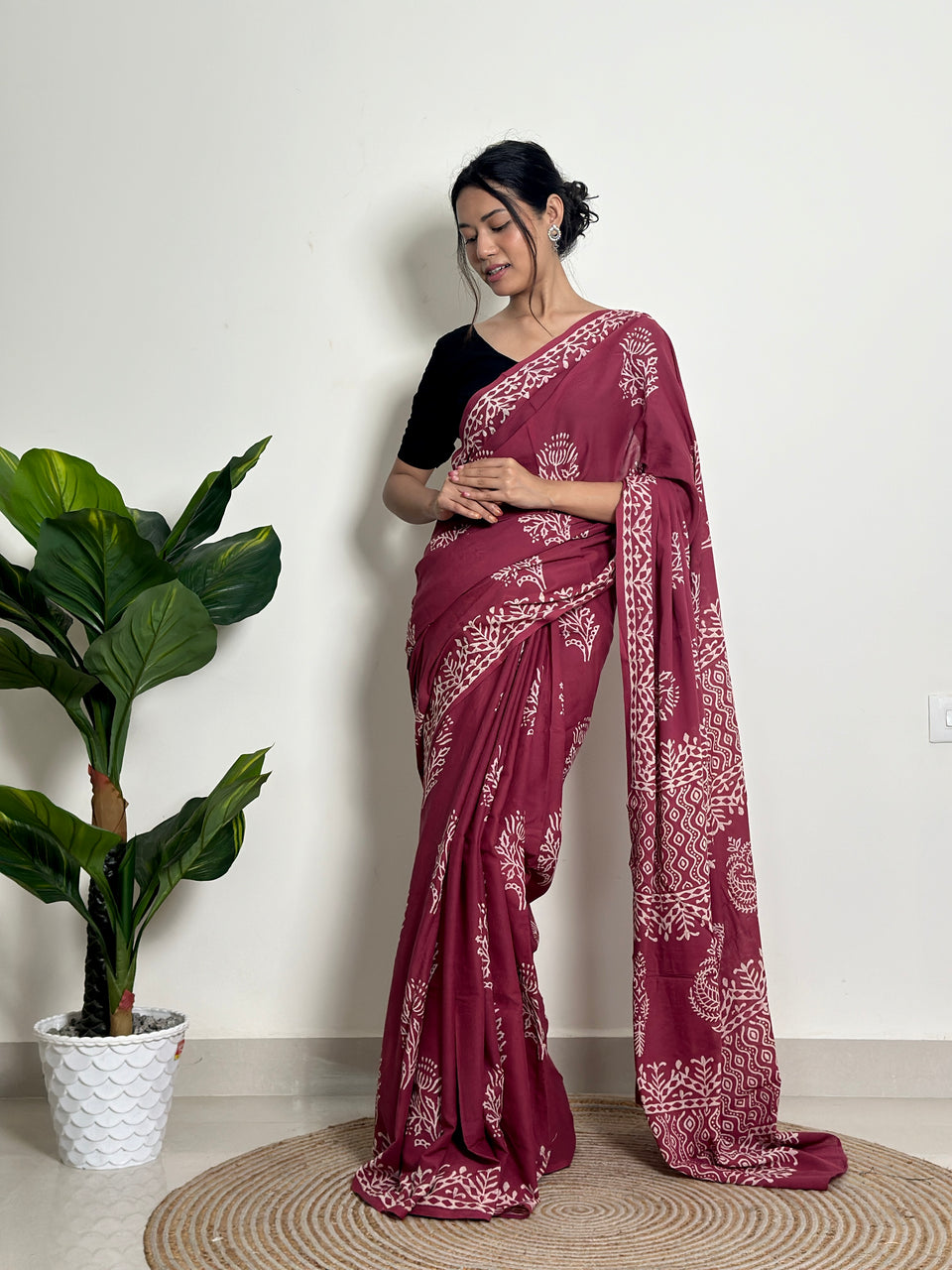 Dark Pink Mul Cotton Ready To Wear Saree With Pocket