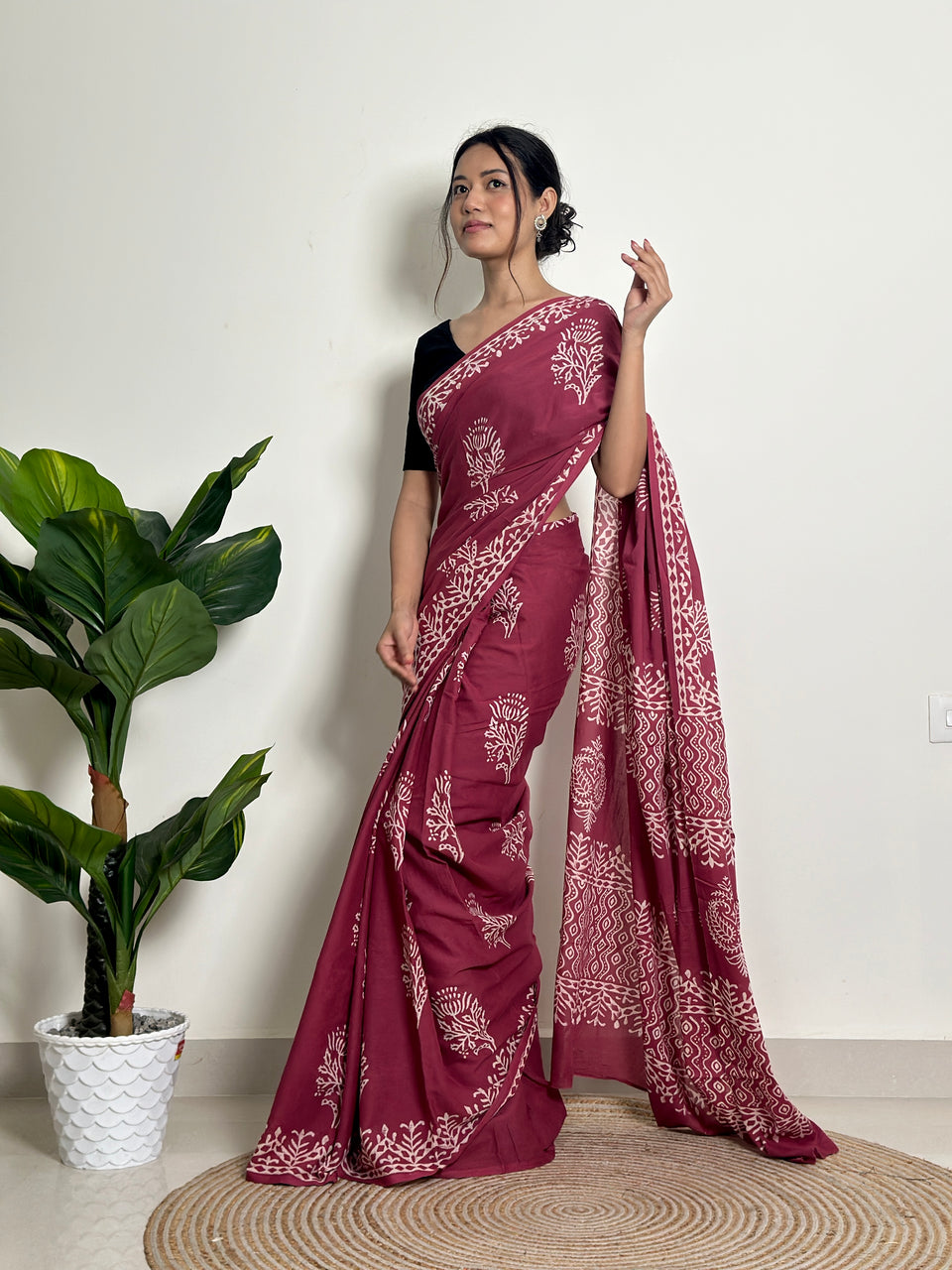 Dark Pink Mul Cotton Ready To Wear Saree With Pocket