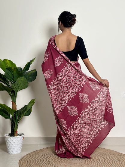 Dark Pink Mul Cotton Ready To Wear Saree With Pocket
