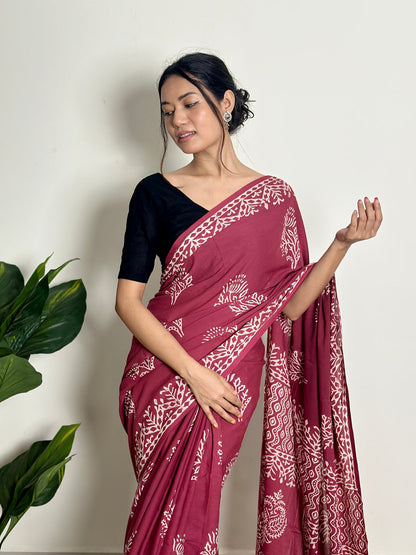 Dark Pink Mul Cotton Ready To Wear Saree With Pocket