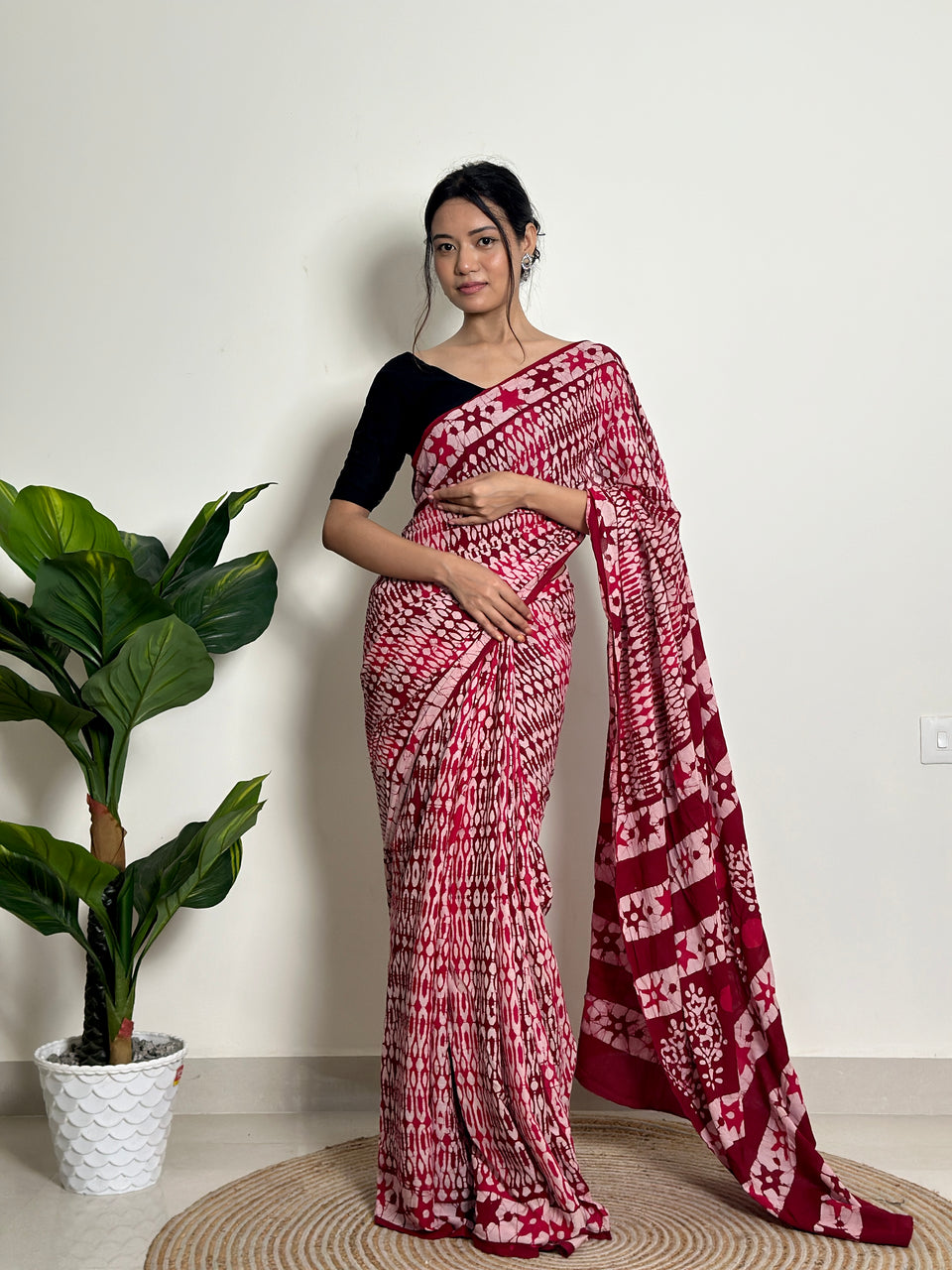 Red Mul Cotton Ready To Wear Saree With Pocket