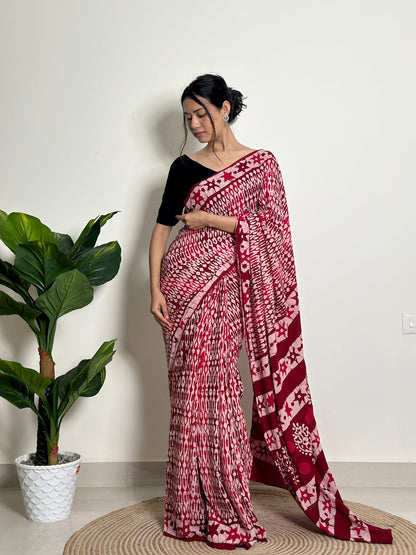Red Mul Cotton Ready To Wear Saree With Pocket