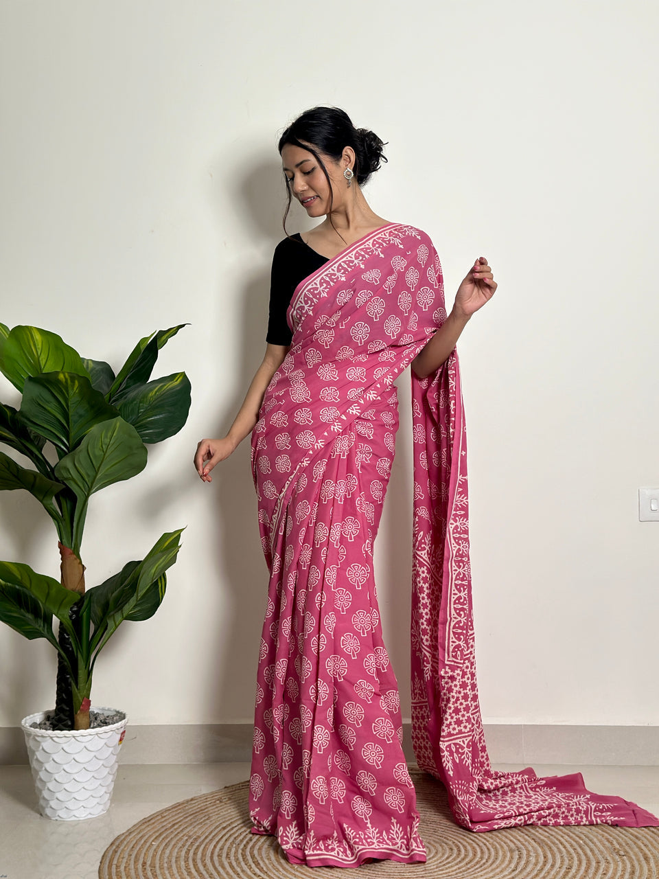 Pink Mul Cotton Ready To Wear Saree With Pocket