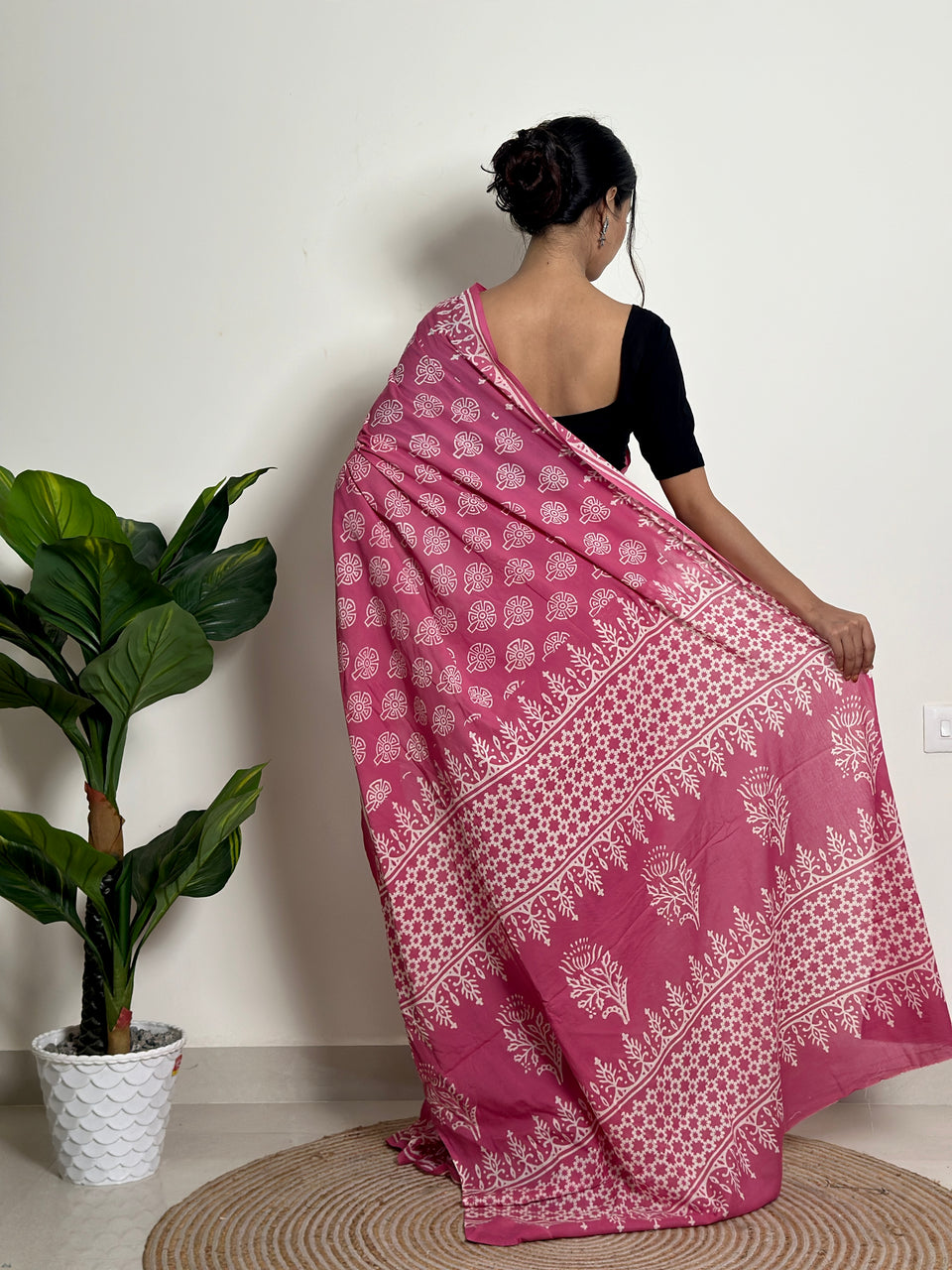 Pink Mul Cotton Ready To Wear Saree With Pocket
