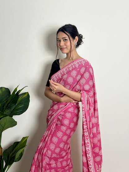 Pink Mul Cotton Ready To Wear Saree With Pocket