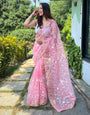Baby Pink Organza Saree With Embroidery Work With Piping Border
