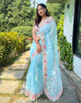 Baby Blue Organza Saree With Embroidery Work With Piping Border